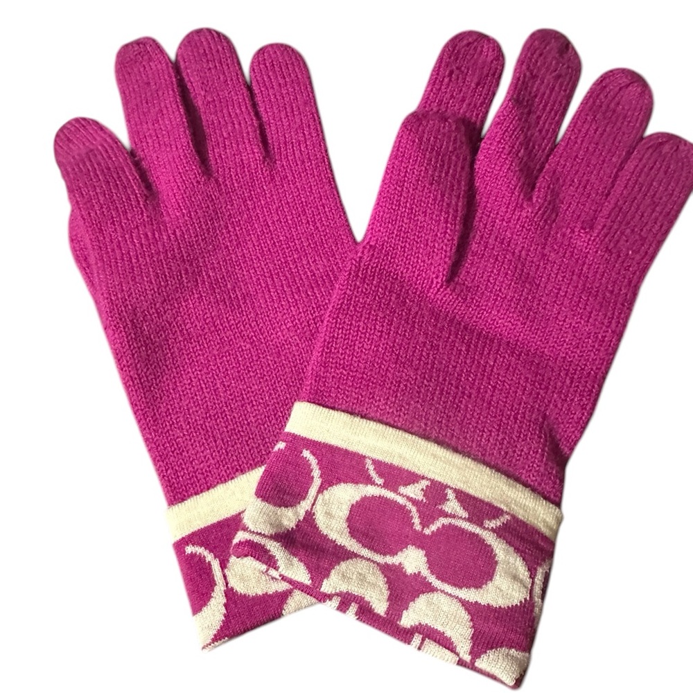 COACH Ladies Logo Touch Wool Gloves Raspberry Pink One Size - Picture 3 of 6